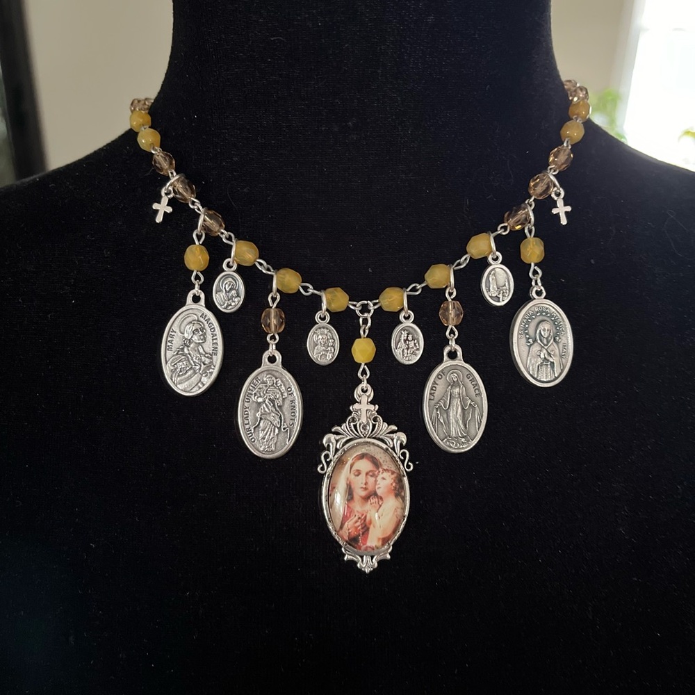 Mary & Jesus Vintage Image Medals Choker Citrine & Topaz Austrian Crystals